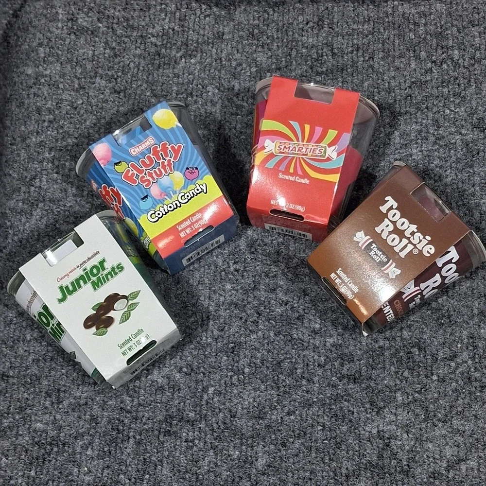 4pc Candy Scented Candle Set Junior Mints Smarties Tootsie Roll Fluffy Stuff 3oz